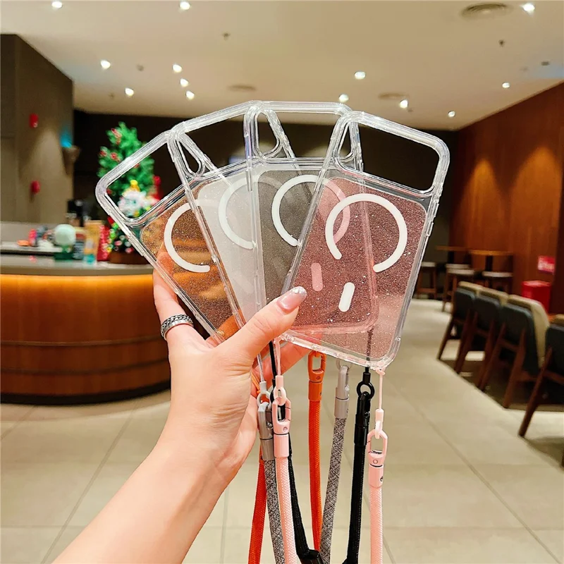 Coque pour iPhone 17 Pro compatible MagSafe, coque transparente avec paillettes, TPU acrylique, avec dragonne - Rose