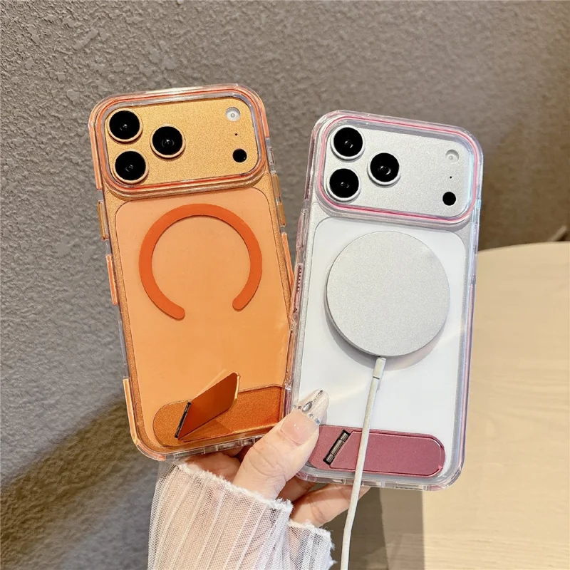 Für iPhone 17 Pro Hülle kompatibel mit MagSafe Klar Acryl TPU stoßfestes Handycover mit Ständer - Orange