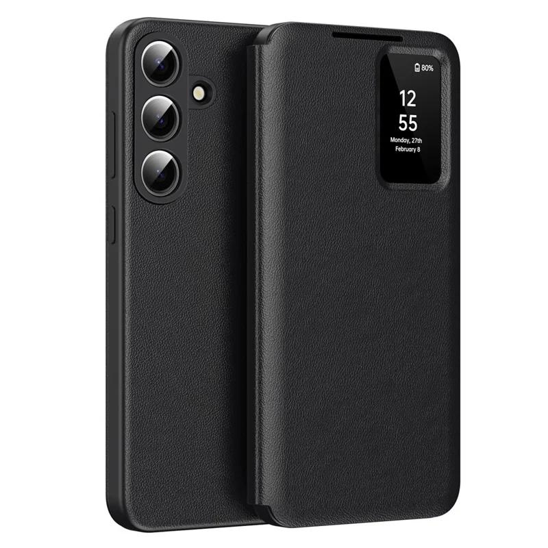 For Samsung Galaxy S26 Case with Card Holder Smart View Window Leather Phone Cover - Black