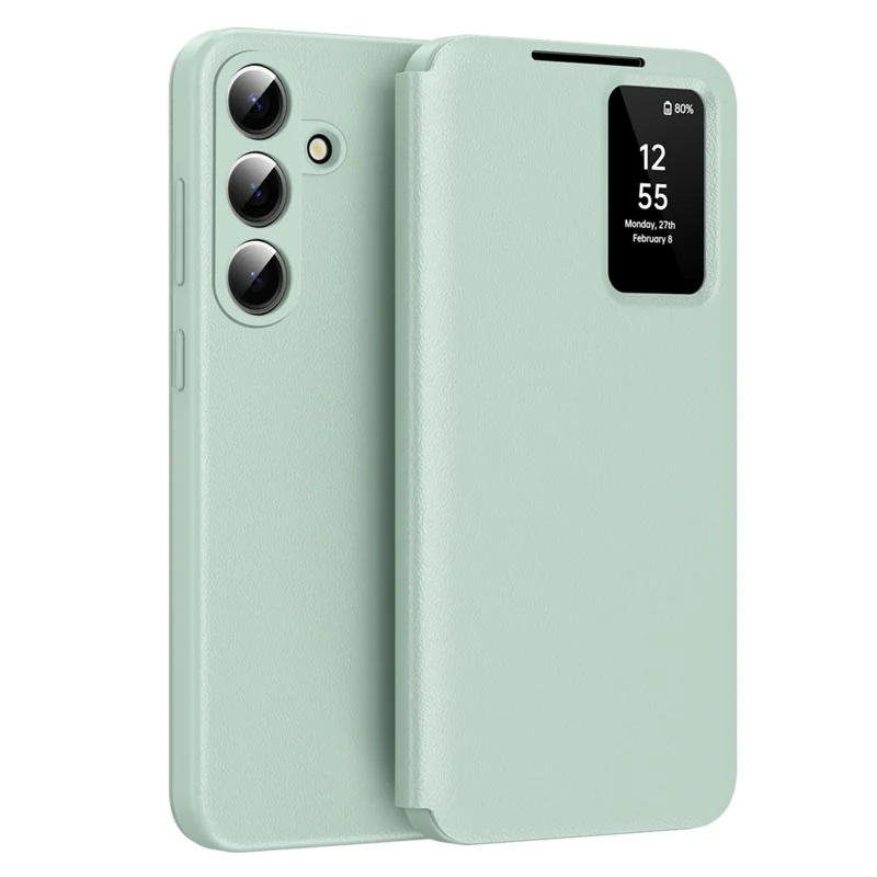 For Samsung Galaxy S26 Case with Card Holder Smart View Window Leather Phone Cover - Light Green