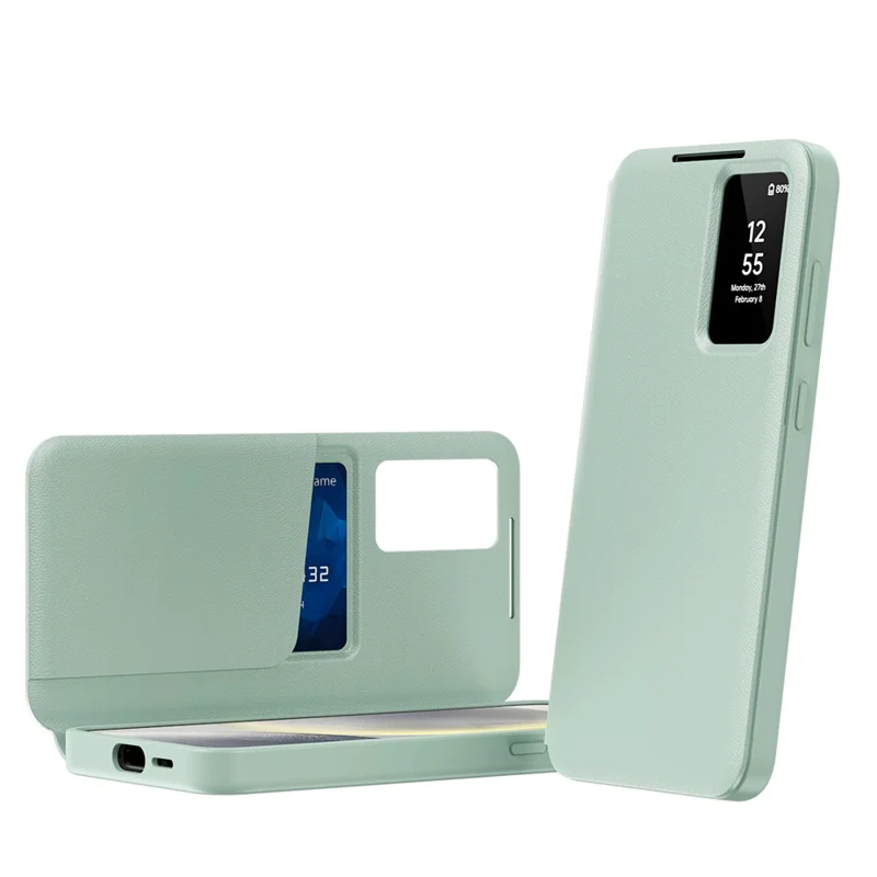 For Samsung Galaxy S26 Case with Card Holder Smart View Window Leather Phone Cover - Light Green