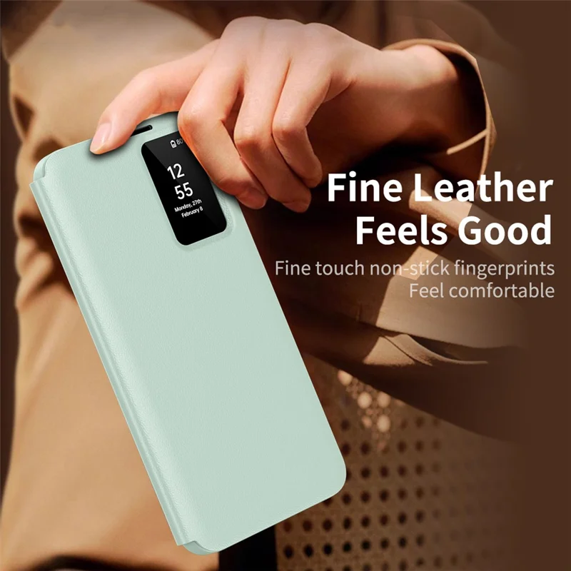 For Samsung Galaxy S26 Case with Card Holder Smart View Window Leather Phone Cover - Light Green