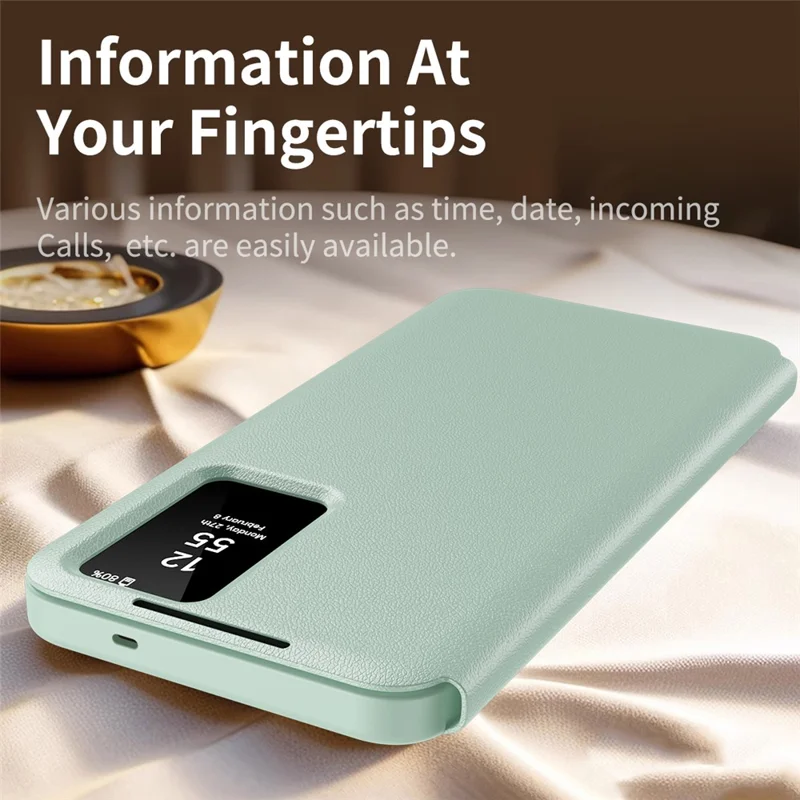 For Samsung Galaxy S26 Case with Card Holder Smart View Window Leather Phone Cover - Light Green