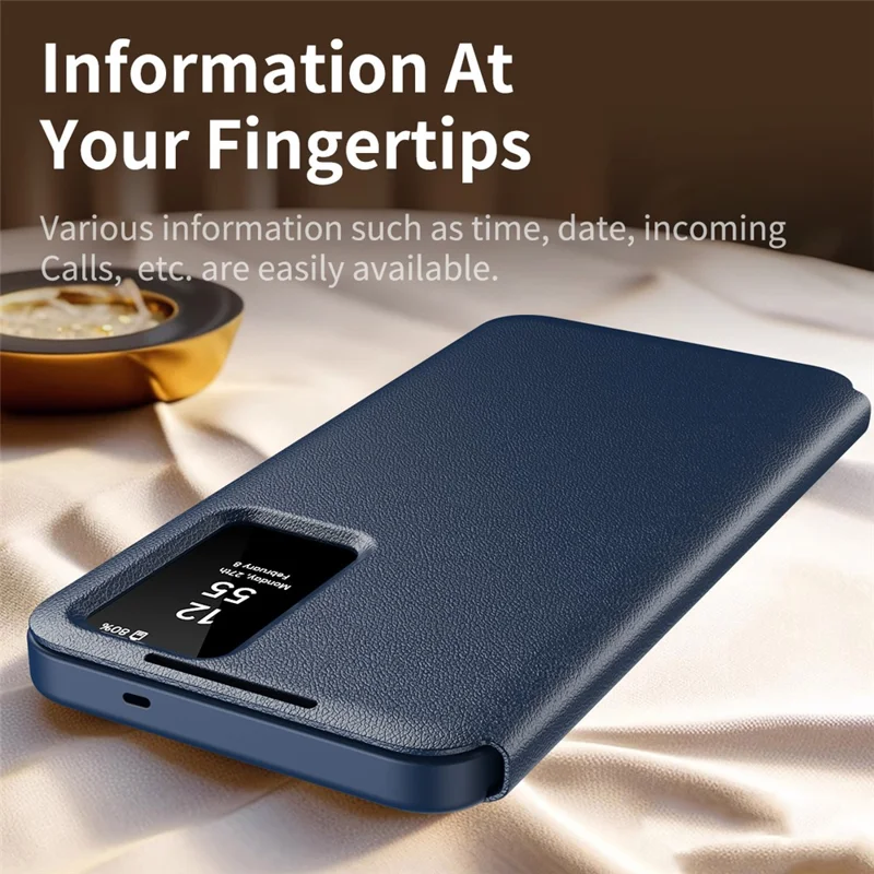 For Samsung Galaxy S26+ Case with Card Holder Smart View Window Leather Phone Cover - Sapphire