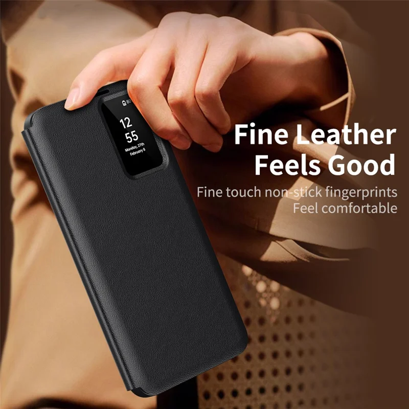 For Samsung Galaxy S26+ Case with Card Holder Smart View Window Leather Phone Cover - Black