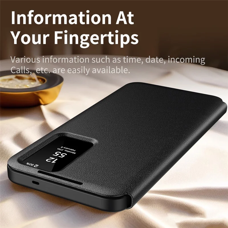 For Samsung Galaxy S26+ Case with Card Holder Smart View Window Leather Phone Cover - Black