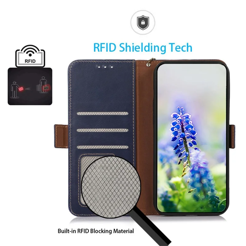 For Xiaomi Redmi Note 15 Pro 4G (Global) Case RFID Blocking Genuine Cow Leather Wallet Phone Cover - Blue