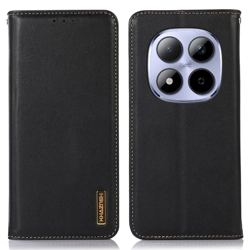 KHAZNEH For Xiaomi Redmi Note 15 Pro 4G (Global) Case Wallet Genuine Cow Leather Phone Cover Nappa Texture - Black