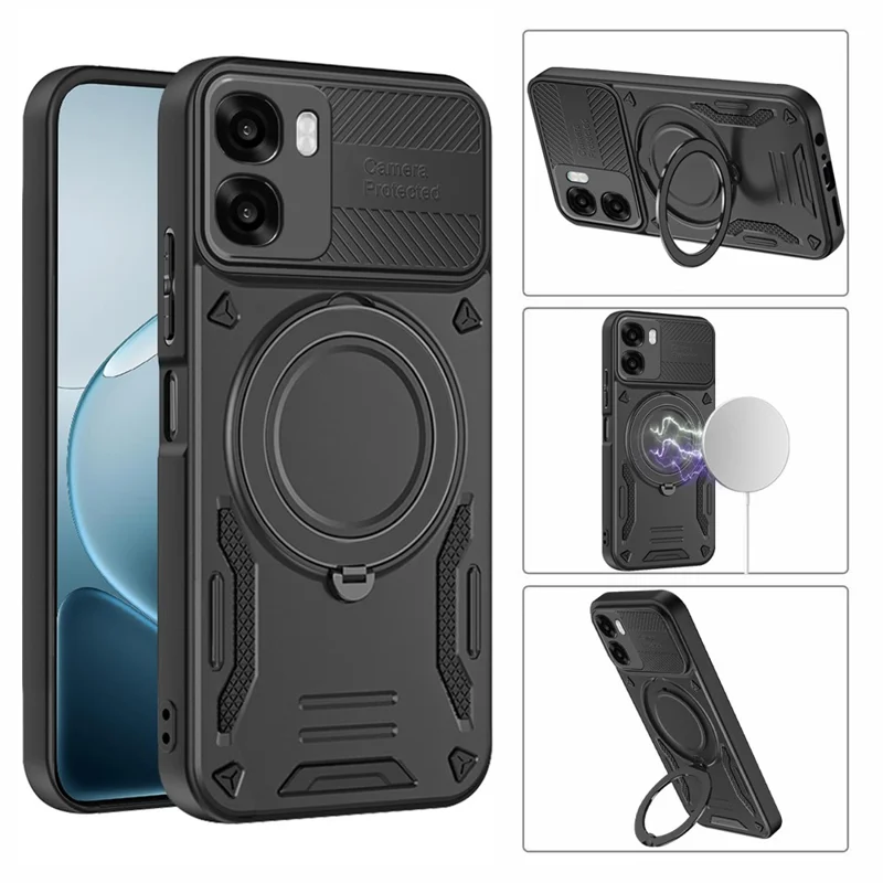 Magnetic Case For Oppo A6x 5G  /  A6x 4G Shockproof TPU + PC Phone Back Cover with Kickstand - Black