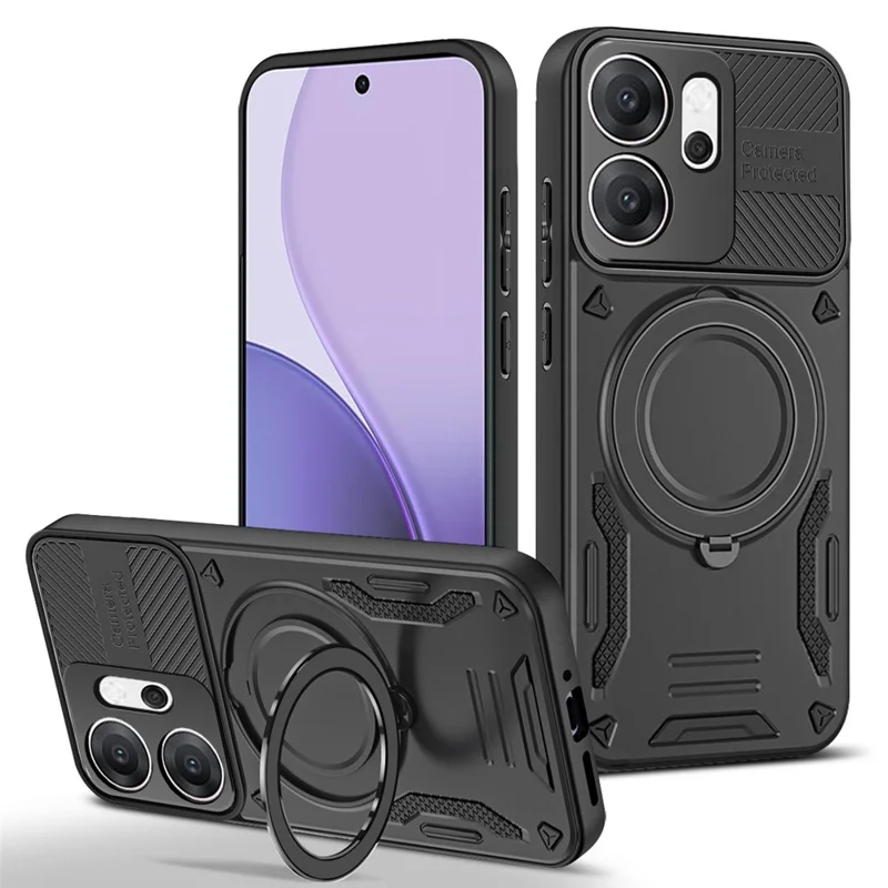 For Oppo Reno14 F 5G Magnetic Case Shockproof TPU + PC Phone Back Cover with Kickstand - Black