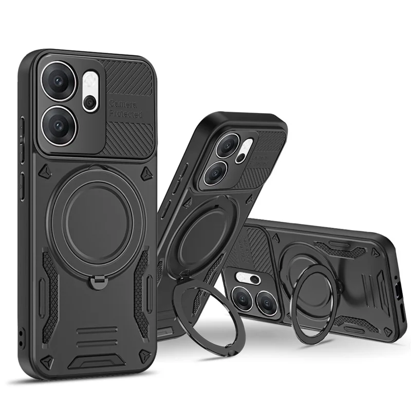 For Oppo Reno14 F 5G Magnetic Case Shockproof TPU + PC Phone Back Cover with Kickstand - Black