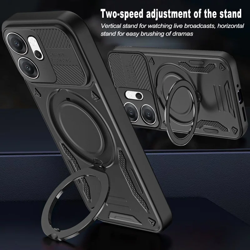 For Oppo Reno14 F 5G Magnetic Case Shockproof TPU + PC Phone Back Cover with Kickstand - Black