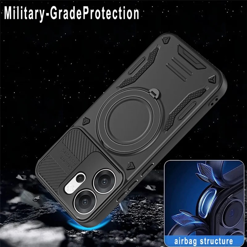 For Oppo Reno14 F 5G Magnetic Case Shockproof TPU + PC Phone Back Cover with Kickstand - Black