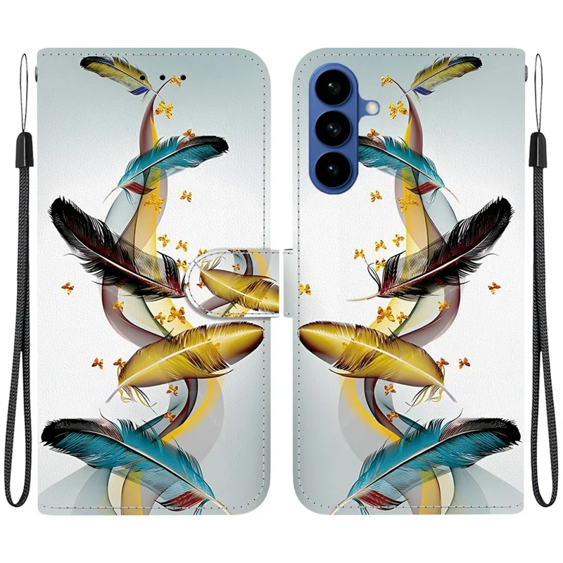 Funda con tapa de cuero con estampado de mariposa dorada y pluma para Samsung Galaxy A37 5G, con correa para colgar - Dorado