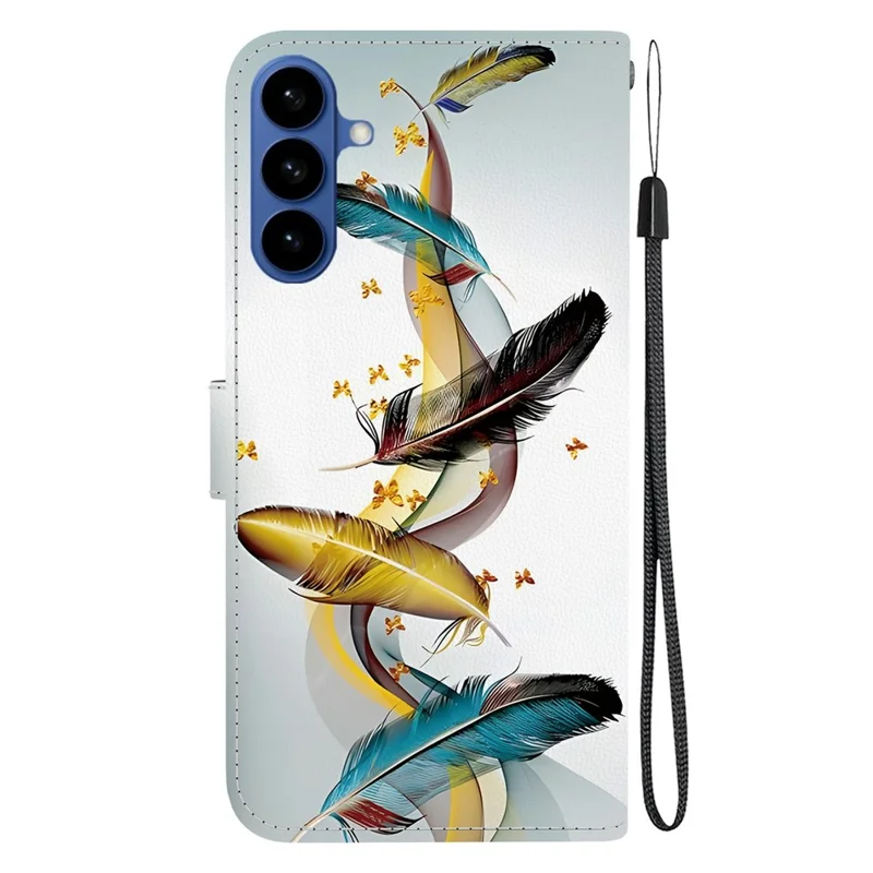 Funda con tapa de cuero con estampado de mariposa dorada y pluma para Samsung Galaxy A37 5G, con correa para colgar - Dorado