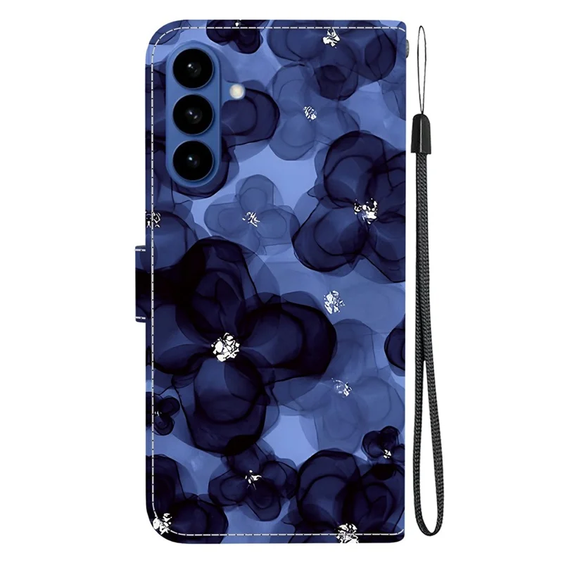 For Samsung Galaxy A57 5G Wallet Case Pattern Printing Leather Stand Phone Cover with Strap - Ink Blue Flower