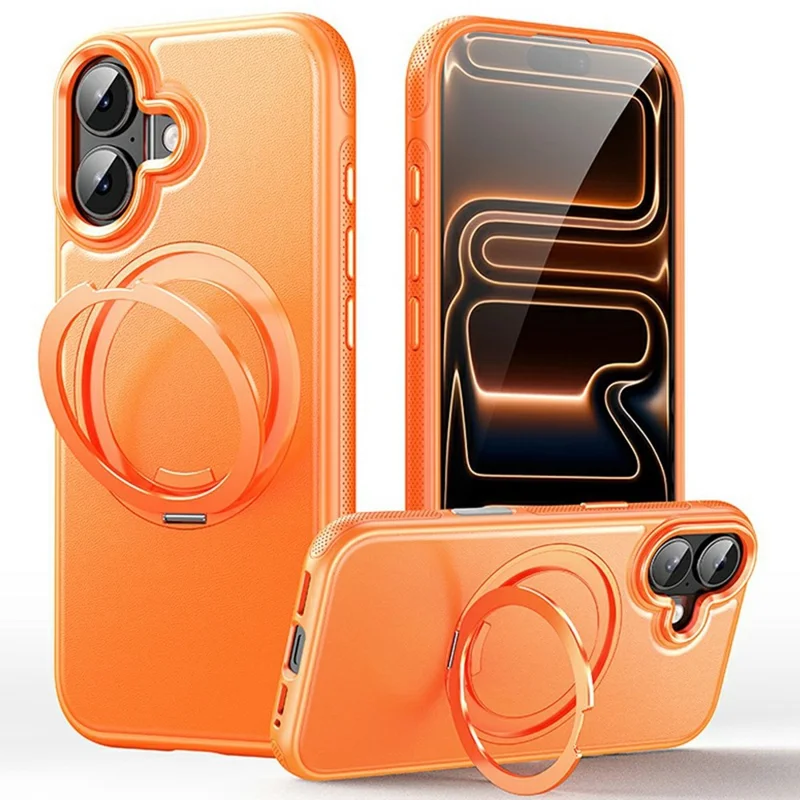 Capa para iPhone 16 Compatível com MagSafe, Suporte Giratório, Capa de Telemóvel com Textura de Lichia, PC e TPU - Laranja