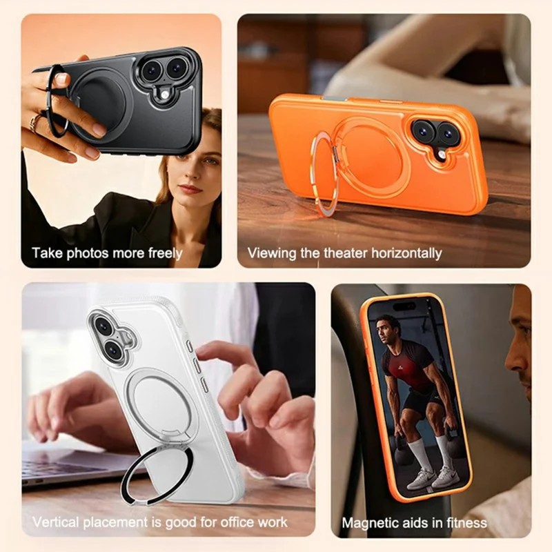 Capa para iPhone 16 Compatível com MagSafe, Suporte Giratório, Capa de Telemóvel com Textura de Lichia, PC e TPU - Laranja