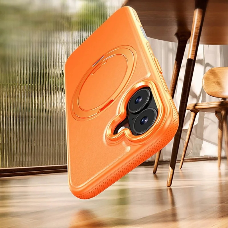 Capa para iPhone 16 Compatível com MagSafe, Suporte Giratório, Capa de Telemóvel com Textura de Lichia, PC e TPU - Laranja
