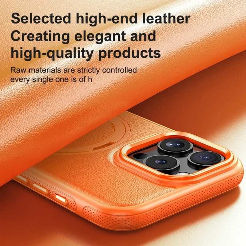 For iPhone 16 Pro Case Compatible with MagSafe Rotating Kickstand Litchi Texture PC TPU Phone Cover - Orange