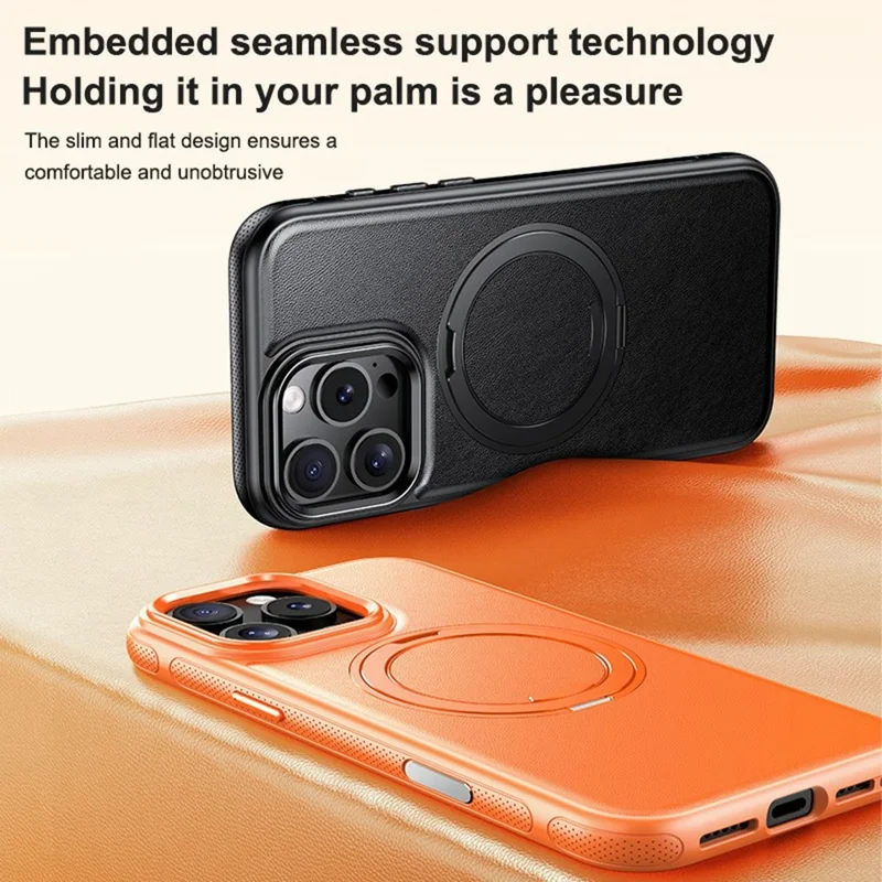 For iPhone 16 Pro Case Compatible with MagSafe Rotating Kickstand Litchi Texture PC TPU Phone Cover - Orange