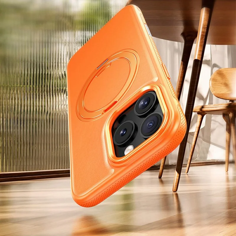 For iPhone 16 Pro Case Compatible with MagSafe Rotating Kickstand Litchi Texture PC TPU Phone Cover - Orange