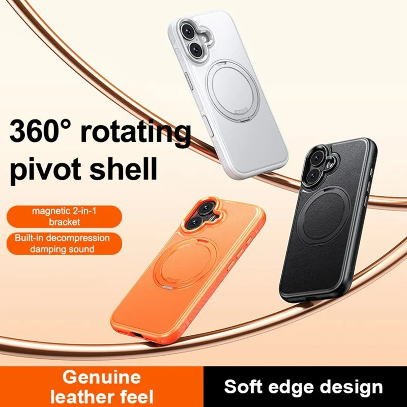 For iPhone 16 Plus Case Compatible with MagSafe Rotating Kickstand Litchi Texture PC TPU Phone Cover - Orange