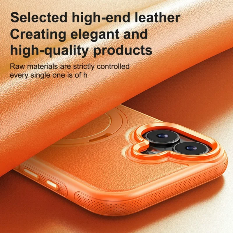 For iPhone 16 Plus Case Compatible with MagSafe Rotating Kickstand Litchi Texture PC TPU Phone Cover - Orange