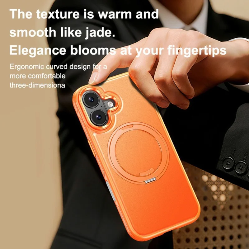 For iPhone 16 Plus Case Compatible with MagSafe Rotating Kickstand Litchi Texture PC TPU Phone Cover - Orange