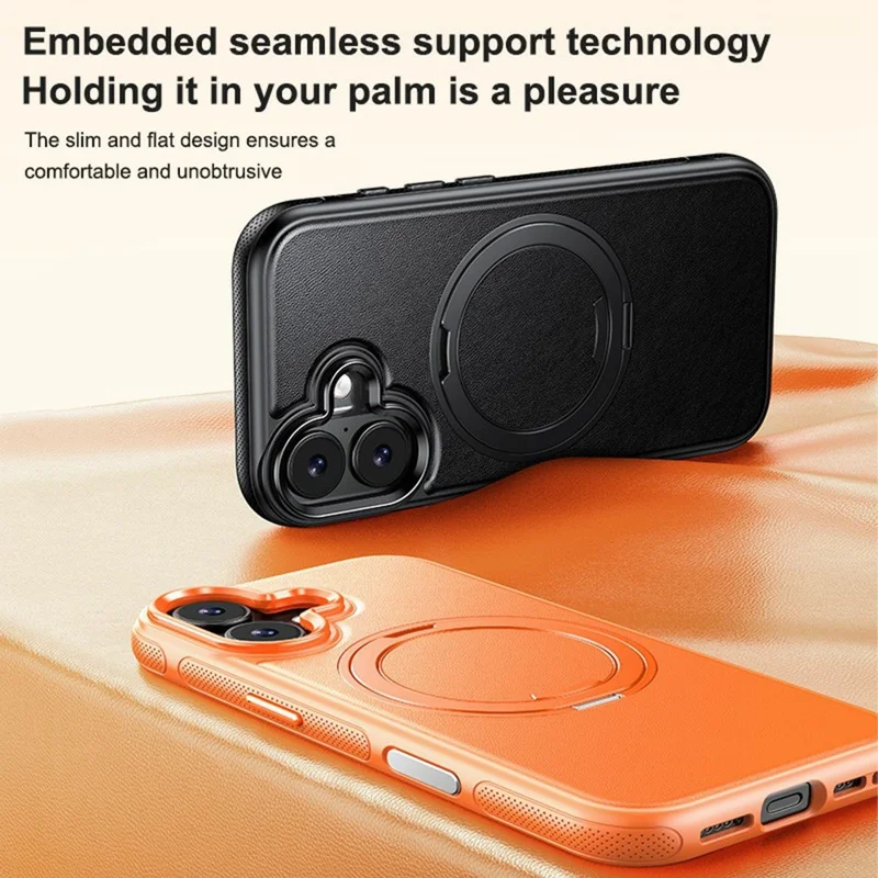 For iPhone 16 Plus Case Compatible with MagSafe Rotating Kickstand Litchi Texture PC TPU Phone Cover - Orange