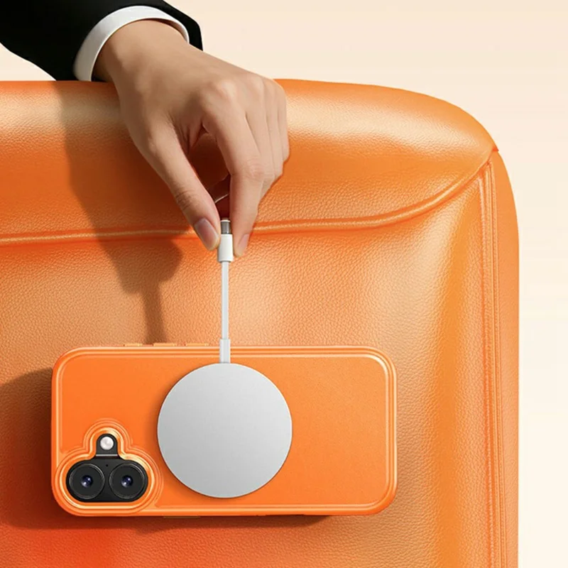 For iPhone 16 Plus Case Compatible with MagSafe Rotating Kickstand Litchi Texture PC TPU Phone Cover - Orange