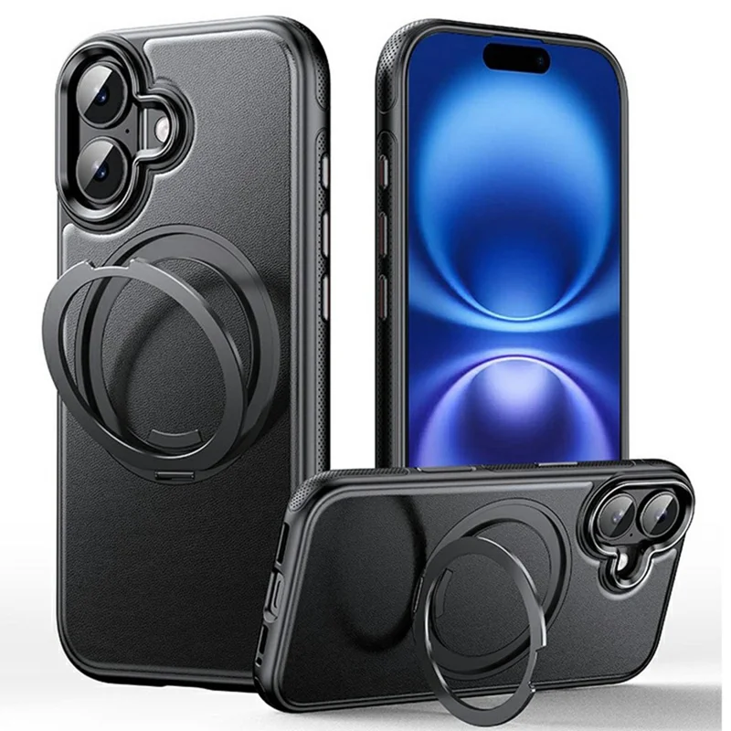 For iPhone 16 Plus Case Compatible with MagSafe Rotating Kickstand Litchi Texture PC TPU Phone Cover - Black