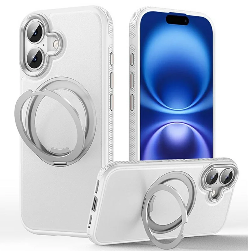 For iPhone 16 Plus Case Compatible with MagSafe Rotating Kickstand Litchi Texture PC TPU Phone Cover - White