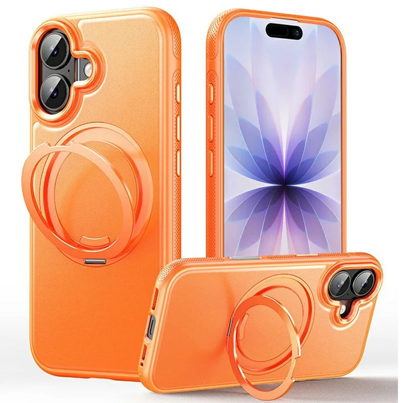 Capa para iPhone 17 Compatível com MagSafe, Suporte Giratório, Capa para Telemóvel com Textura de Lichia, PC e TPU - Laranja
