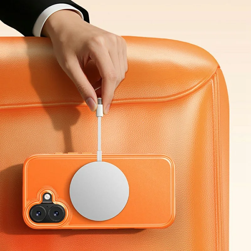 Capa para iPhone 17 Compatível com MagSafe, Suporte Giratório, Capa para Telemóvel com Textura de Lichia, PC e TPU - Laranja