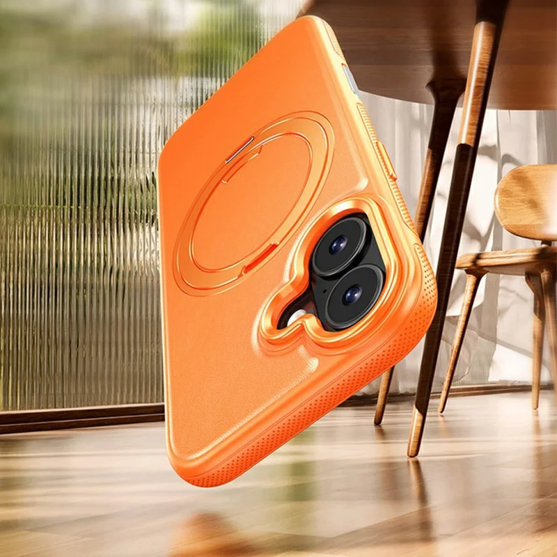 Capa para iPhone 17 Compatível com MagSafe, Suporte Giratório, Capa para Telemóvel com Textura de Lichia, PC e TPU - Laranja