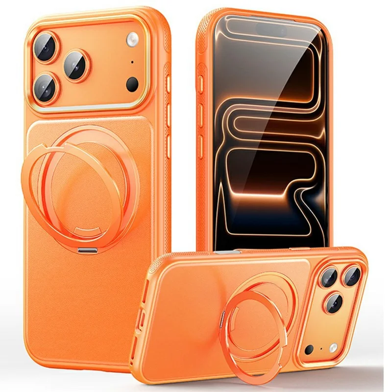 Cover per iPhone 17 Pro Compatibile con MagSafe con Supporto Girevole a 360°, Cover in PC e TPU con Texture Effetto Pelle di Litchi - Arancione