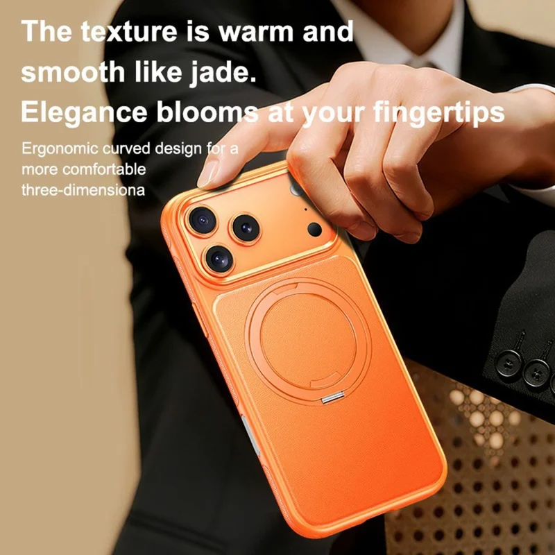 Cover per iPhone 17 Pro Compatibile con MagSafe con Supporto Girevole a 360°, Cover in PC e TPU con Texture Effetto Pelle di Litchi - Arancione