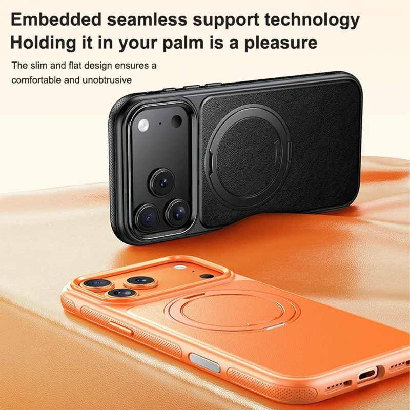 Cover per iPhone 17 Pro Compatibile con MagSafe con Supporto Girevole a 360°, Cover in PC e TPU con Texture Effetto Pelle di Litchi - Arancione