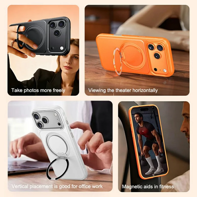 Cover per iPhone 17 Pro Compatibile con MagSafe con Supporto Girevole a 360°, Cover in PC e TPU con Texture Effetto Pelle di Litchi - Arancione