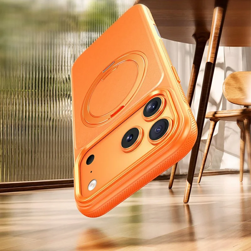 Cover per iPhone 17 Pro Compatibile con MagSafe con Supporto Girevole a 360°, Cover in PC e TPU con Texture Effetto Pelle di Litchi - Arancione