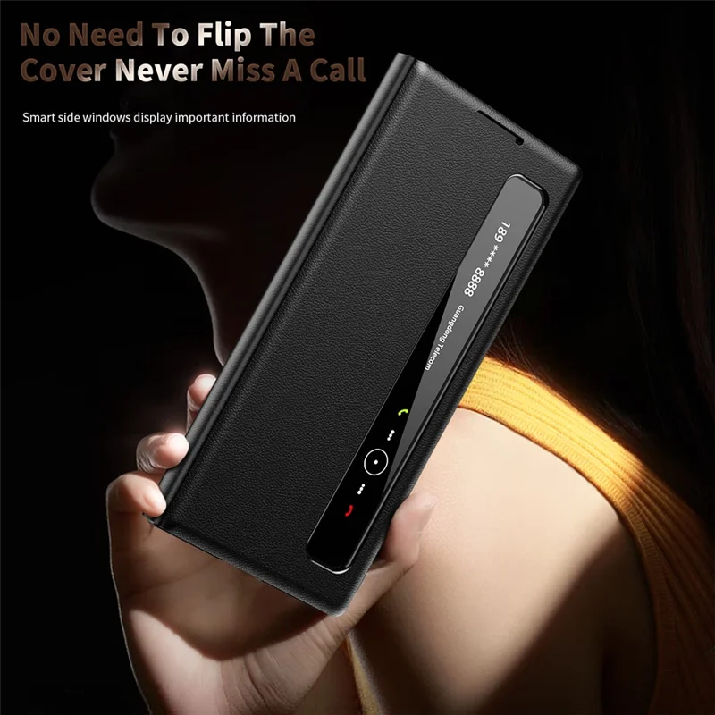 Cover per Samsung Galaxy Z Fold4 5G con Finestra Smart, Rivestimento in Pelle, Nero