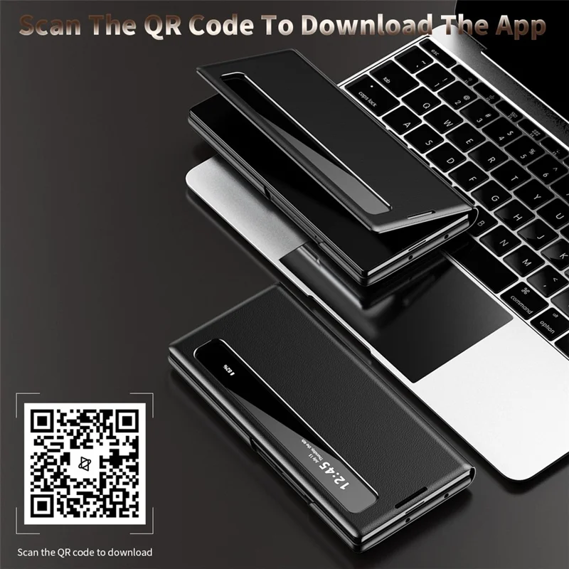 Cover per Samsung Galaxy Z Fold4 5G con Finestra Smart, Rivestimento in Pelle, Nero