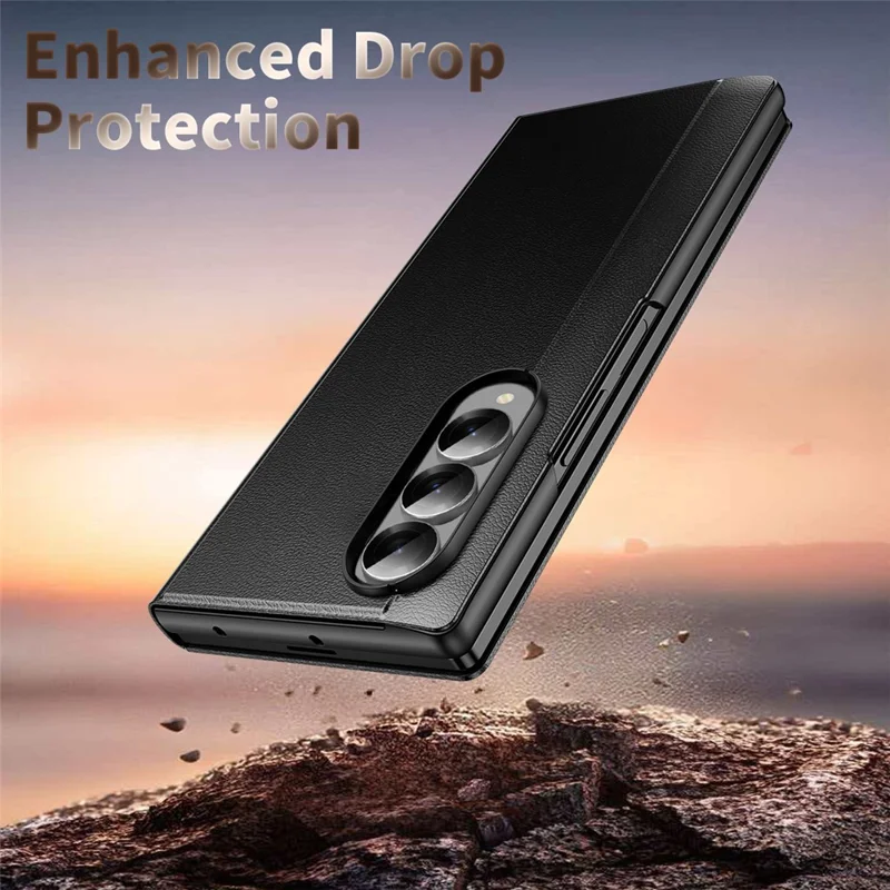 Cover per Samsung Galaxy Z Fold4 5G con Finestra Smart, Rivestimento in Pelle, Nero