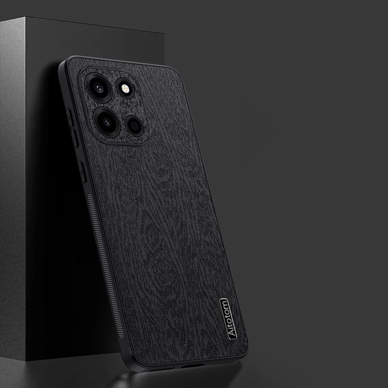 Coque pour OnePlus Turbo 6 5G, revêtement en cuir PU avec texture bois, coque en PC et TPU - Noir