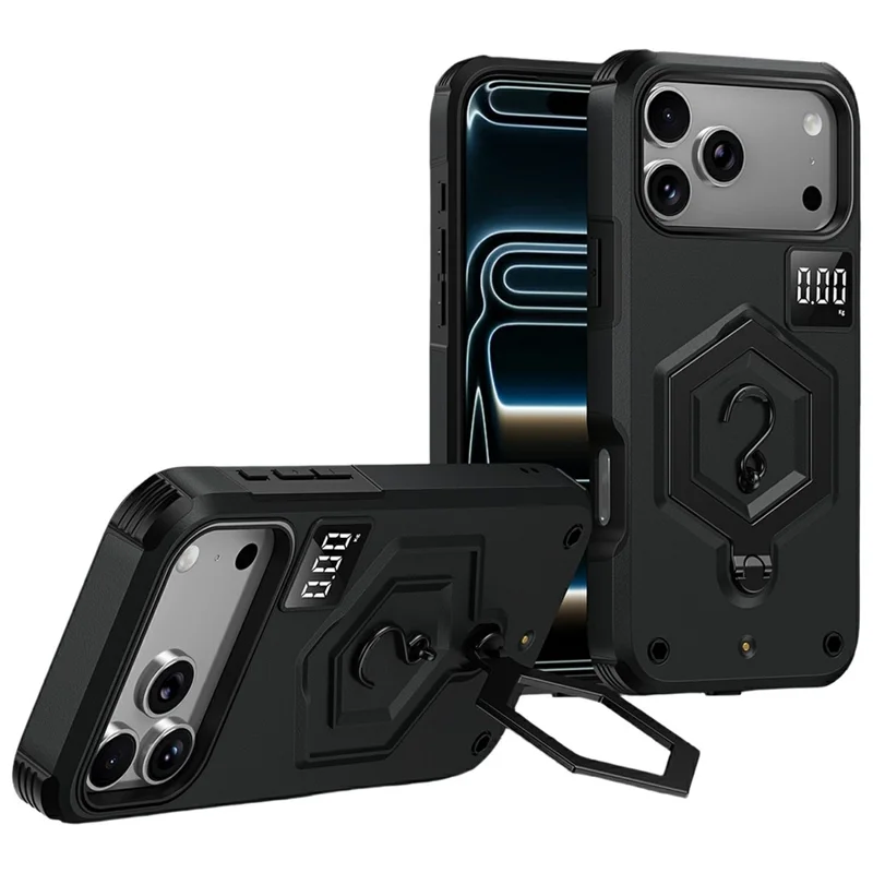 Capa para iPhone 17 Pro Max com Suporte Hexagonal, Capa Resistente a Choques em TPU e PC com Escala Integrada, Gancho e Acabamento Mate - Preto