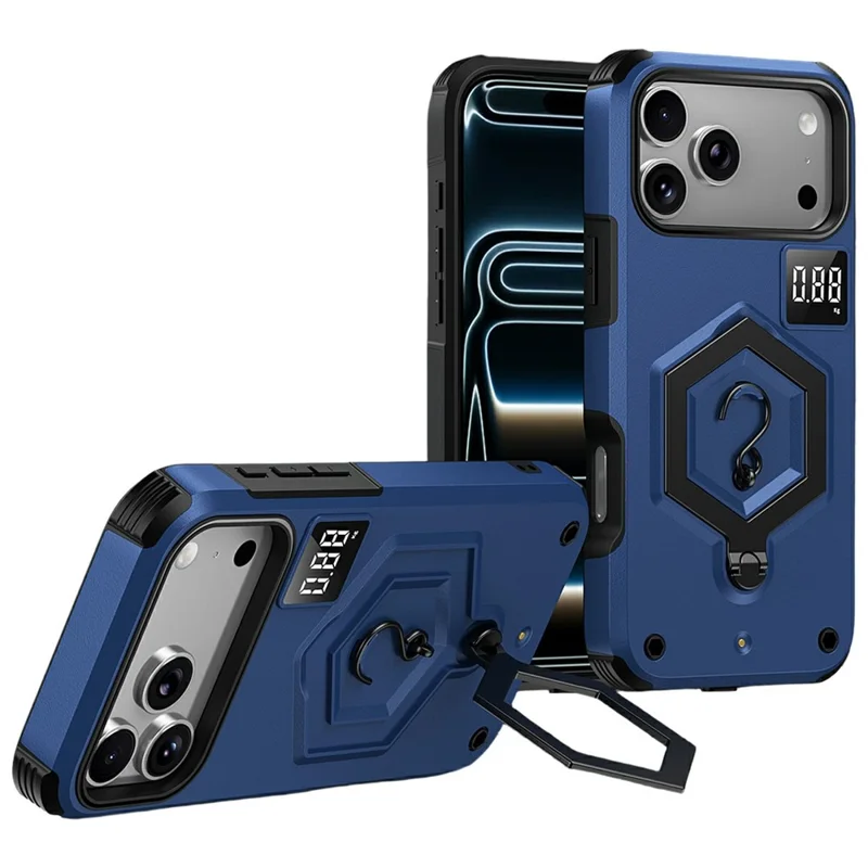 For iPhone 17 Pro Max Case Hexagonal Kickstand Shockproof TPU PC Matte Phone Cover with Integrated Scale Hook - Blue