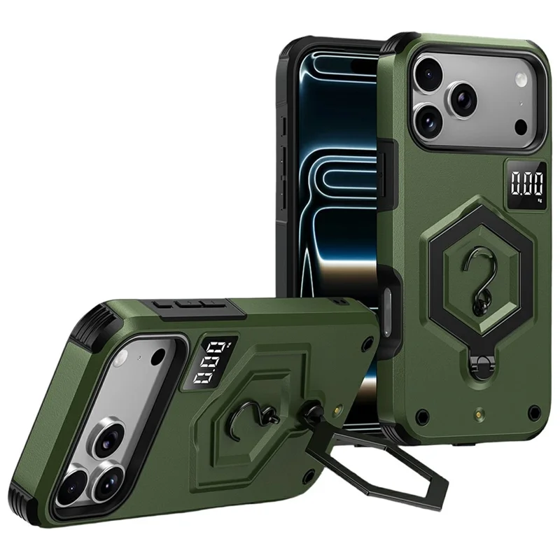 For iPhone 17 Pro Max Case Hexagonal Kickstand Shockproof TPU PC Matte Phone Cover with Integrated Scale Hook - Green