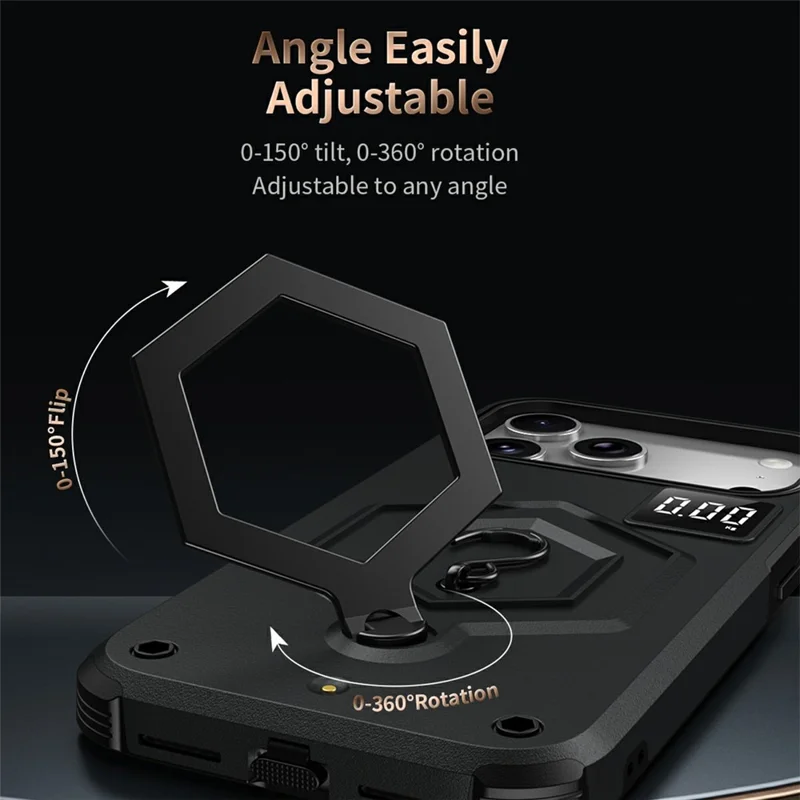 For iPhone 17 Pro Case Hexagonal Kickstand Shockproof TPU PC Matte Phone Cover with Integrated Scale Hook - Black