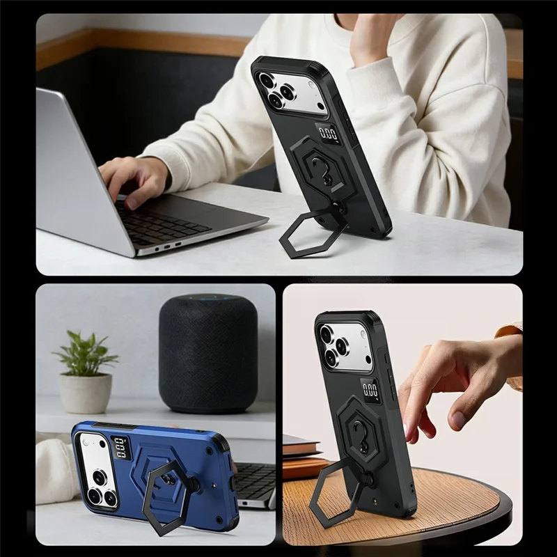 For iPhone 17 Pro Case Hexagonal Kickstand Shockproof TPU PC Matte Phone Cover with Integrated Scale Hook - Black